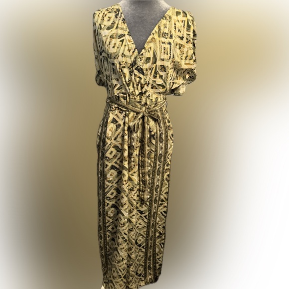 White Waves Pants - WHITE WAVES-Bohemian V-Neck Printed Jumpsuit - Yellow